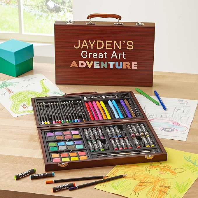Let's Make Memories Personalized 80-Piece Deluxe Art Set - for Kids - Wood Carrying Case - Oil Crayons, Colored Pencils, Watercolors - Arts & Crafts - Palette Design - Add Name - Great Art Adventure