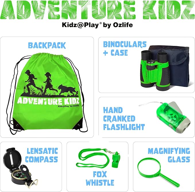 Adventure Kidz Outdoor Exploration Kit, Children’s Binoculars with Case, Flashlight, Compass, Whistle, Magnifying Glass, Backpack. Great Kids Gift Set for Camping, Hiking, STEM and Pretend Play - Image 2