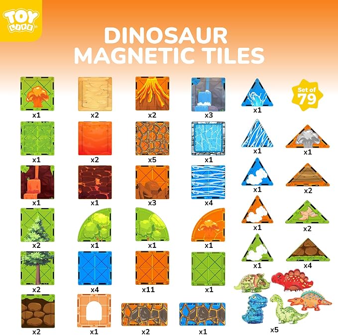 TOY Life Dinosaur Magnetic Tiles, 79-Piece Lava STEM Set, Ages 3-8 - Image 3