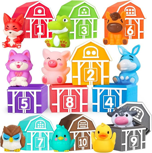 Oriate Farm Animal Learning Toys for Toddlers 1,2,3 Year Old, 20Pcs Farm Animals Montessori Toy for Counting Sorting Color Recognition & Matching, Finger Puppets & Stacking Toys 12M+ by OriateToys