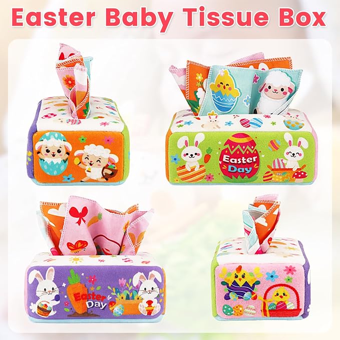 Easter Baby Toys - Easter Basket Stuffers for Babies 6-12 Months - Baby Tissue Box Toy Montessori Soft Stuffed Bunny High Contrast Crinkle Infant Sensory Toys 6 7 8 9 Months Easter Boy Girl Gifts - Image 4