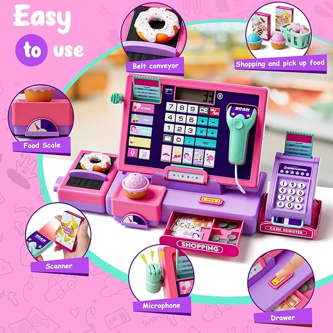 Upgraded Kids Cash Register Toy for Boys Girls, Toddler Pretend Play Cashier Register with Shop Accessories, Calculator Cash Register with Scanner/Credit Card (Pink)