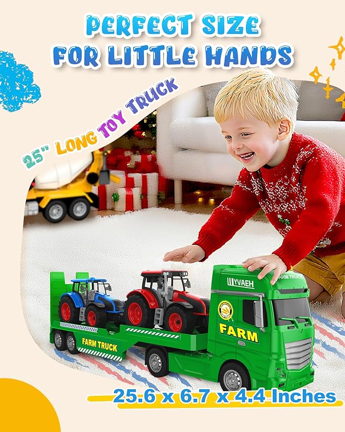 Toddler Toys for 3 + Years Kids, 25" Large Flatbed Semi Truck Toy with 2 Tractors, Friction Powered Vehicles Toys for Kids, Birthday Gifts for Boys and Girls