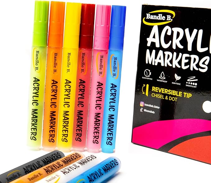 Bandle B. Acrylic Paint Markers – Set of 12 Paint Pens for Art, Fabric, Coloring, and Journaling–Quick-Drying, Waterproof, Non-Toxic, Reversible Chisel-Dot Tip