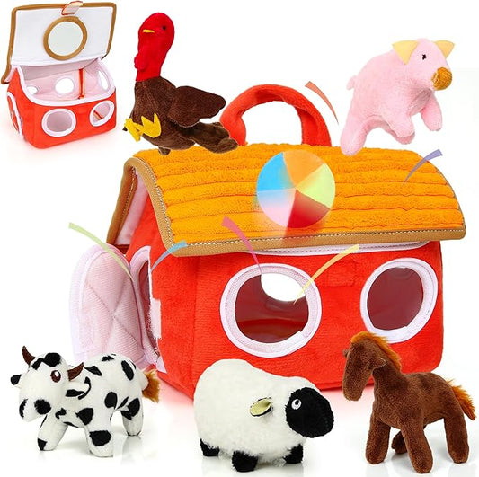 Baby Toys 6-12 Months - Montessori Sensory Farm Set - Soft Stuffed Animals with Rattle Squeak Safe Mirror - On-The-Go Toddler 1-3 Year Old Boy Girl Birthday Gifts (Orange)