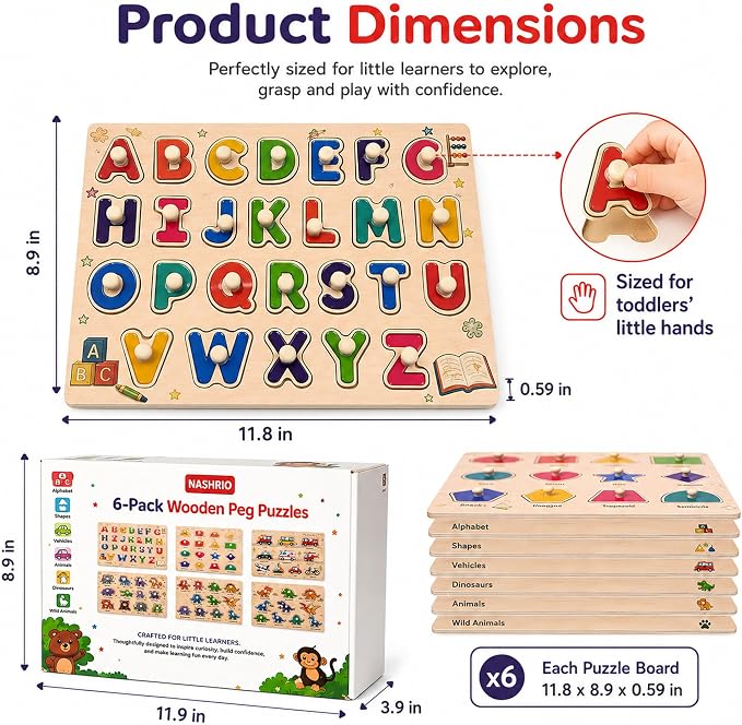 Wooden Peg Puzzles for Kids Ages 3-5, 6 Pack Large ABC Alphabet Number Shape Animal Dinosaur Vehicle Puzzle Set, Preschool Learning Toys, Montessori Educational Gifts for 3 4 5 Boys Girls - Image 3
