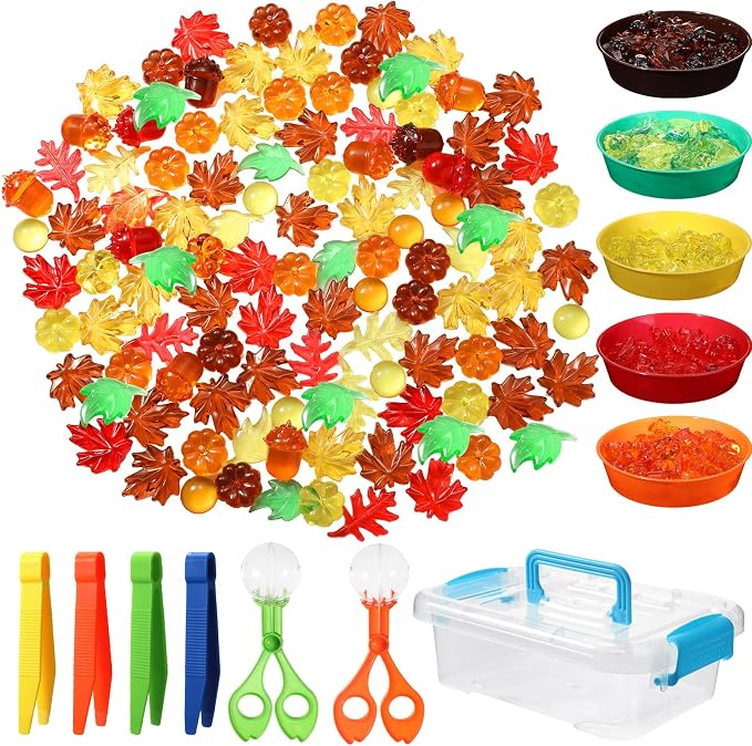 147 Pcs Fine Motor Toys Counting Sorting Fall Decorations, Sensory Bin Filler, 135 Acrylic Fall Leaves Pumpkin 4 Tweezers 2 Scissors Clips 5 Cups Storage Box for Fall, Autumn Thanksgiving Decor by Meanplan