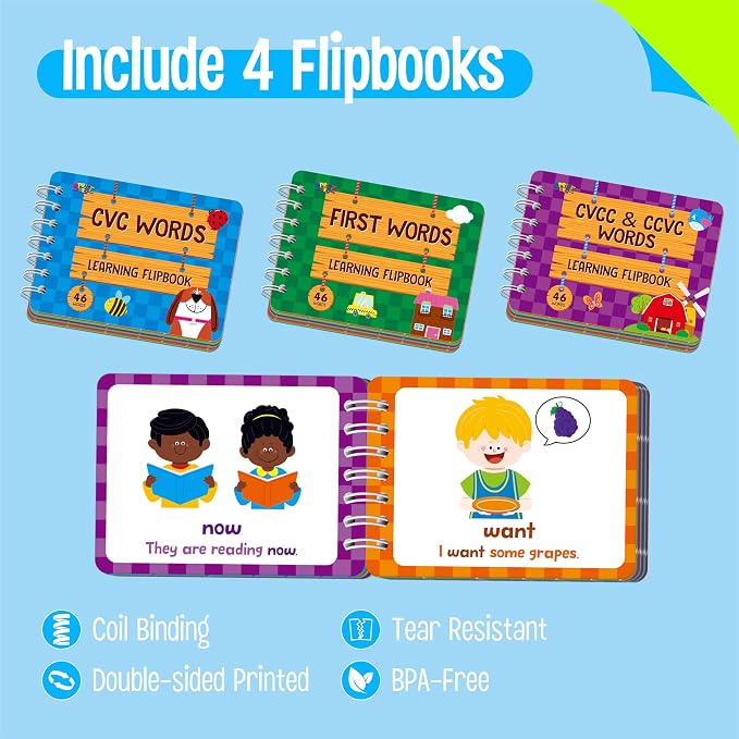 4 Kindergarten Learning Flipbooks, Double-Sided Mini Book Set - CVC, CVCC&CCVC, Sight Words & First Words, Early Educational Language Learning Tool for Kids - Image 2