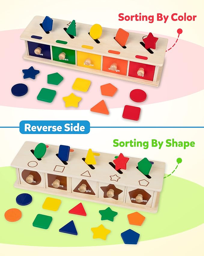 Coogam Montessori Toys Wooden Color Shape Sorting Box Game Geometric Matching Blocks Early Learning Educational Toy Gift for 3 4 5 Year-Old Baby Toddlers - Image 2