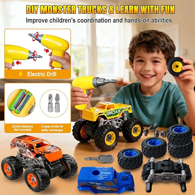 Take Apart Monster Truck Toys for Kids 3 4 5 6 7 8 Year Old Boys – STEM Learning Building Toy with Electric Drill & Storage Box Gift Birthday Christmas for Boys Girls Kids Toddlers