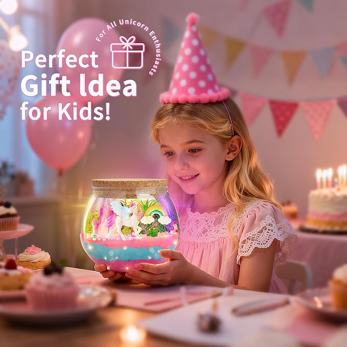 Unicorn Light-Up Terrarium Kit Toys for Kids - Not Fragile - LED Birthday Gift for Girls Ages 4 5 6 7 8-12 Year Old - Unicorn Toys for Girls - DIY Arts and Craft Kits with Stickers (Round)