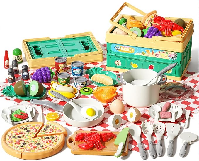80Pcs Kitchen Playset, Toddler Pretend Cooking with Pots, Pans, Cookware, Food, Picnic Blanket, Fruits, Veges, Shopping Storage Basket, Dessert , Learning Gift for Girls Boys (White) by Funpynani