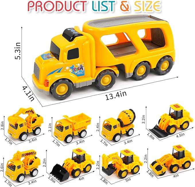Veslier 9 in 1 Construction Truck Toys for Ages 3 4 5 6 Years Old,Vehicles with Sounds and Lights in Carrier Truck, Push and Go Toys Trucks,Birthday Gift for Toddler 3 4 5 6 Year Old.