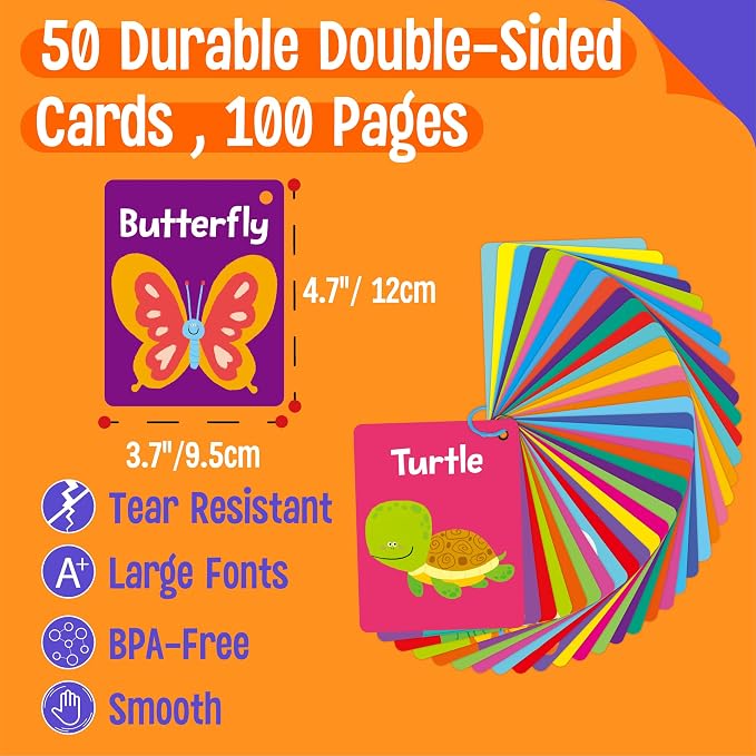 Animal Flashcards, 50 Double-Sided Cards, Wild/Farm/Marine Animal Cards Educational Learning Tools for Preschool and Toddlers Learning (2 Reclosable Rings Attached) - Image 2