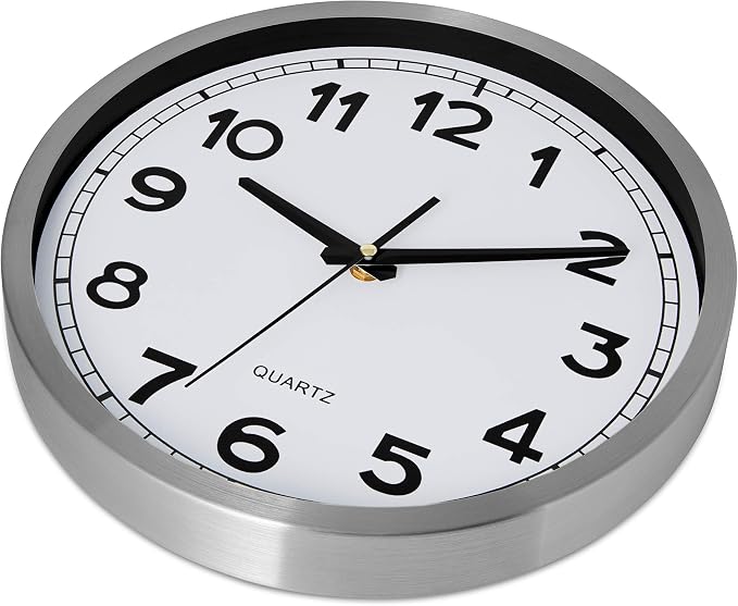 Bernhard Products Wall Clock Silent Non-Ticking Large 12" Silver Metal Frame Quartz Battery Operated Easy to Read Office Classroom Kitchen Living Room Bathroom Sweeping Clocks, Black Modern Numbers - Image 2