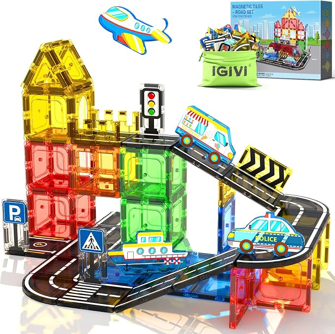Magnetic Tiles Road Set, STEM Magnetic Blocks for Kids Ages 3-5 4-8 5-7, Construction Magnet Tiles Kids Toys, Christmas Birthday Gift for Boys Girls Ages 3+ by IGIVI-MagneticToys