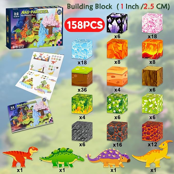 158PCS Magnetic Blocks- Magnetic Cubes 3D Dinosaur World for Kids STEM Construction Toys - Learning Educational Magnetic Building Blocks for Boys & Girls Ages 3 4 5 6 7 8 9 Christmas Birthdays Gifts