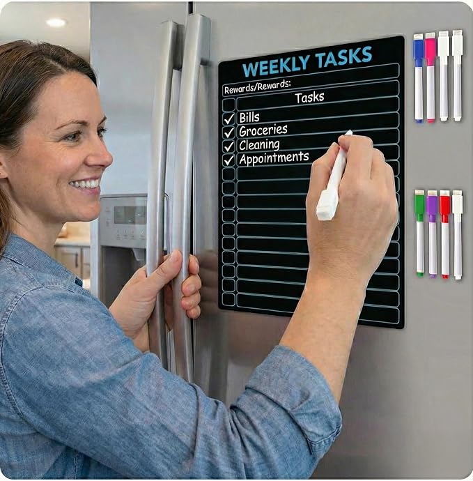 3 Pcs Blackboard Chore Chart Set - Pocket Charts Dry Erase Chore Chart for Multiple Users, Teens & Adults. Fridge Magnetic Blackboard Set, 3 Individual Charts (10"x10" Each) & 8 Fine Tip Markers - Image 2