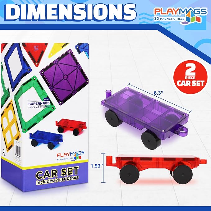 Playmags Magnetic Car Set (2 Pieces) – Strong Magnet Car Bases for Magnetic Tiles, STEM Building Toy Accessories for Kids, Compatible with Magnetic Blocks, Durable Wheels, Creative Play Add-On - Image 2