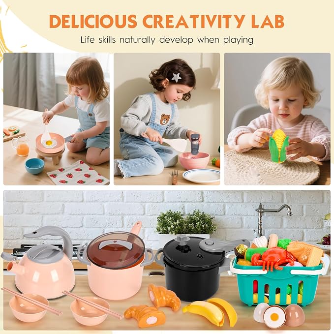 130Pcs Kitchen Playset, Toddler Pretend Cooking Play Pots, Pans, Utensils Cookware, Daily Food Fruit Veges, Shopping Storage Basket, Dessert, Prop Money, Learning Gift for Child (Pink) - Image 6