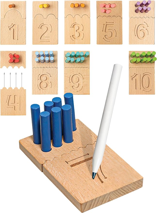 Bimi Boo Peg Board for Toddlers - Wooden Counting Peg Board and Number Tracing Set, Montessori Math Toy for Preschoolers and Kindergarten (55 Pegs, 10 Boards, 1 Pencil) by BimiBoo