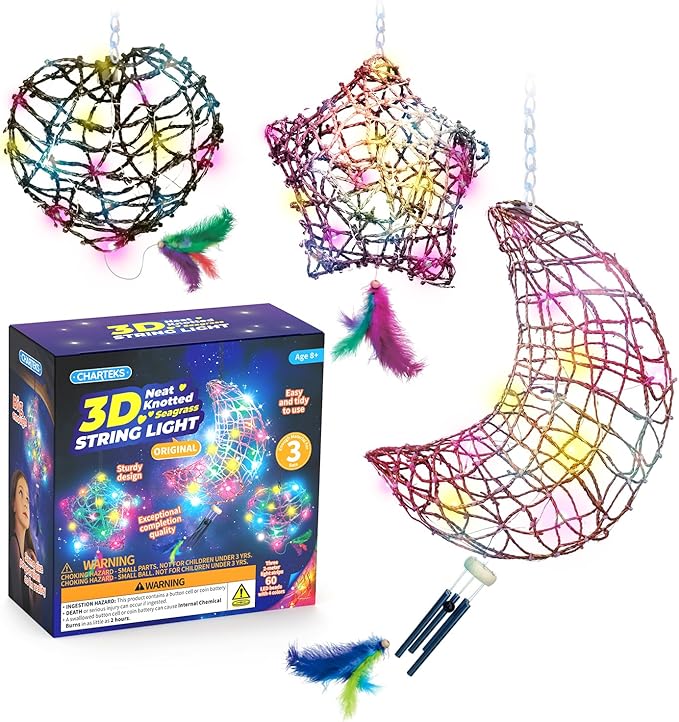 CHARTEKS 3D String Light Craft Kit for Kids, String Art Kit with LED Bulbs and Wind Chime, Arts and Crafts Set, Birthday Gifts for Girls Boys Ages 8+ (Original, Seagrass String)