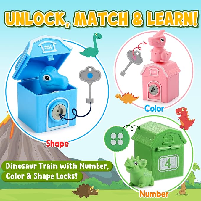 Toddler Montessori Learning Toys for 2 3 4 5 Year Old Boys, Kids Dinosaur Train Matching Toys with Locks & Keys | Counting & Sorting Trains Set, Preschool Toy Boy Girls Birthday Gifts Ages 2-4 3-5 - Image 3