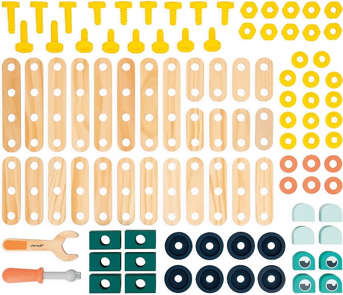 Janod - Brico'Kids J06454 100-Piece Barrel - Building Game Child - 98 Components + 2 Tools - Role Play - Promotes Hand Dexterity and Creativity - From 3 Years - Image 4