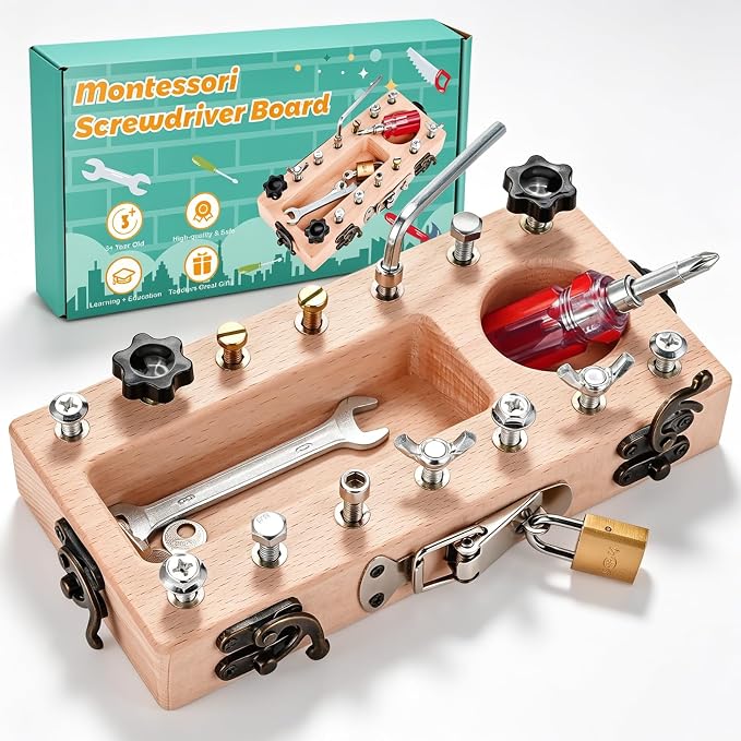 Montessori Screwdriver Board Set with Lock and Key, Montessori Toys for 3 4 5 Year Old, Wooden Screw Driver Activities Tools, Fine Motor Skills Preschool Learning Sensory Toy by WoodTrove