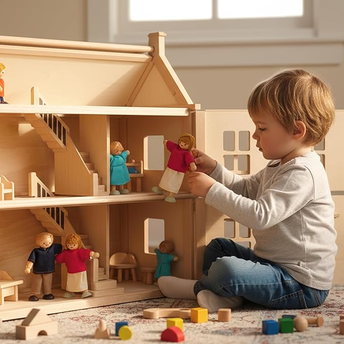 PlanToys® Wooden Dollhouse Family Set– Light Skin & Blonde Hair| 4 Poseable 1:12 Scale Doll House People | Montessori Pretend Play Figurines | Eco-Friendly Sustainable Wooden Toy for Kids