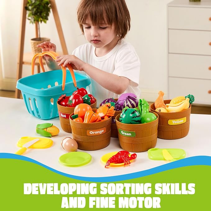 JOYIN Learning Toys Play Food Set for Kids, Cutting Food for Preschool Activities, Play Kitchen Accessories, Educational Toys, Color Sorting Set for Boys & Girls, Back to School Gifts for Kids - Image 5