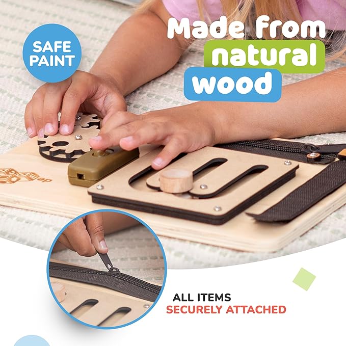 deMoca Sensory Busy Board for Toddlers, Premium Wooden Toddler Busy Board for 1 2 3 Year Old with 10 Educational Activities for Fine Motor Skills, Fidget Activity Toy for Travel Toy (Nature)