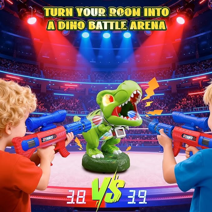 Realistic Dinosaur Moveable Shooting Toys, 2 Pack Launchers with Aiming, Roaring Dino Eyes & Belly Glow, LCD Score Record, Stocking Stuffers for Kids Toys Gifts for Boy Ages 3 4 5 6 7 8 9 10+ Year Old