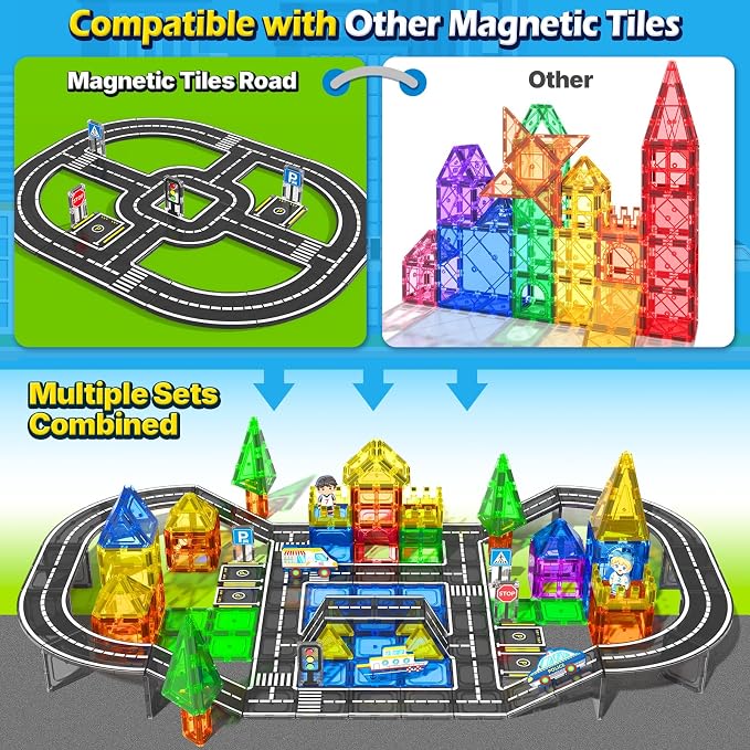 Magnetic Tiles Road Set, Roads Expansion Pack, Magnetic Blocks Building Toys for Toddler, Creative Montessori Toys for 3+ Year Old Boys & Girls, Ideal Gifts for Kids Ages 3-5 5-7 - Image 2