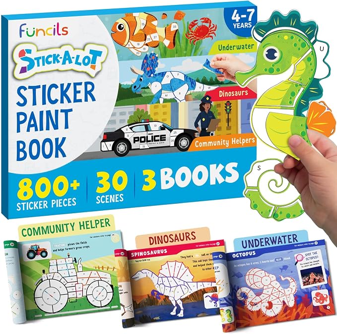 Funcils Paint by Sticker Book for Kids Ages 4-8, 30 Color Sticker by Number by Funcils