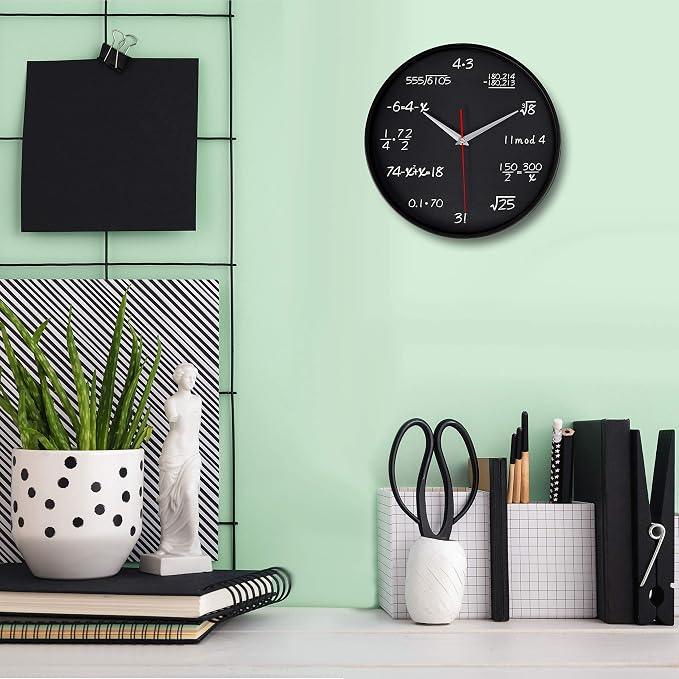 Bernhard Products Math Wall Clock Black 12 Inch Silent Non-Ticking Unique Gift for Teacher/Student/Engineer Graduate Quartz Round Battery Operated, Home Office School Classroom, Mathematical Equations - Image 3