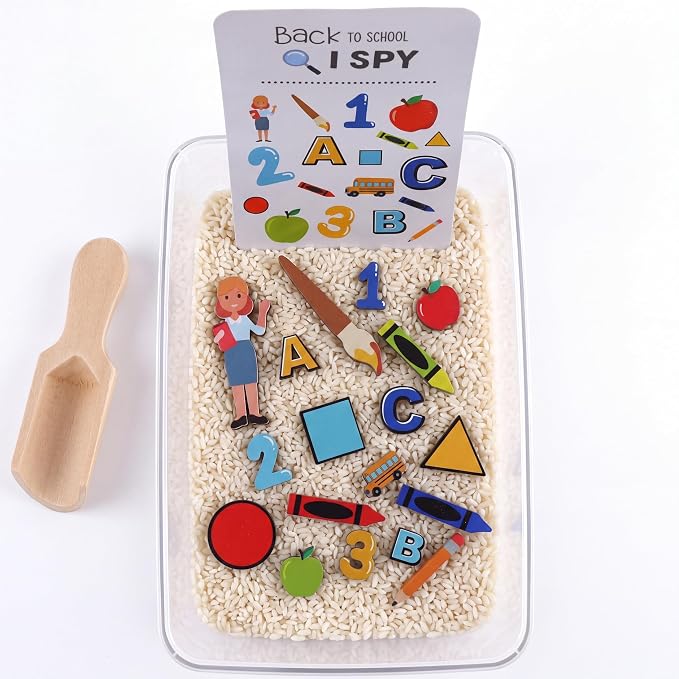 Beeveer 22 Pcs Sensory Bin Fillers for Kids Back to School Sensory Toy Kit Counting Sorting Fine Motor Toys with Simulated Sugar, Bin, Wood Chip and Spoon for Girl Boy Preschool Education Activities by Beeveer