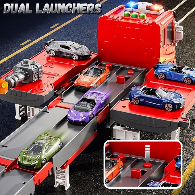 Fire Trucks Toys for Toddlers Ages 3-5, Folded Carrier Truck Race Track with with Lights & Sounds and 6 Racing Car Toys, Birthday Gift for 3 4 5 6 7 8 Years Old Boys Girls