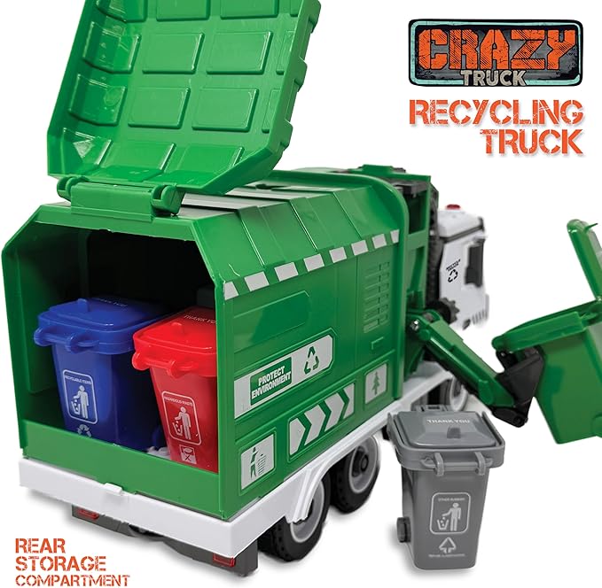 Crazy Truck 1:16 Scale Recycling Garbage Truck Toy with Lights & Sounds, 4 Recycle Cans, 40 Flash Cards, Tools – DIY Take-Apart for Kids – Realistic Mechanical Arm for Lift & Dump Trash Play