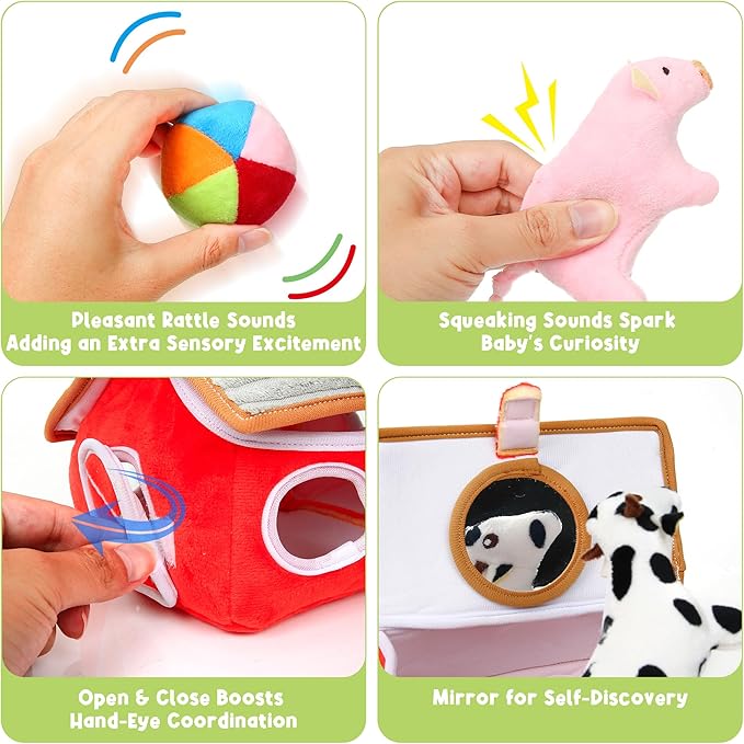 Baby Toys 6-12 Months - Montessori Sensory Farm Set - Soft Stuffed Animals with Rattle Squeak Safe Mirror - On-The-Go Toddler 1-3 Year Old Boy Girl Birthday Gifts (White)