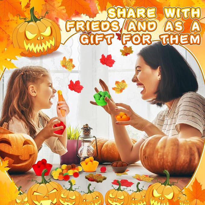 Hotop 312 Pieces Fine Motor Toys Counting Sorting Fall Thanksgiving Decorations 100 Pcs Assorted Pompoms 200 Pcs Artificial Maple Leaves 2 Pcs Tweezers 10 Pcs Cups for Autumn Thanksgiving Decoration - Image 3