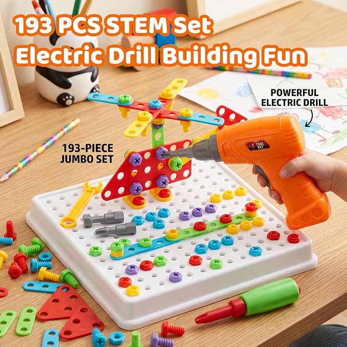 STEM Drill & Build Kit for Kids Ages 3-8 | Electric Toy Drill with 193+ Pieces (Screws, Nuts, Rainbow Fasteners) | Creative Design Construction Toys for Boys Girls | Gift for Birthdays, Christmas - Image 4