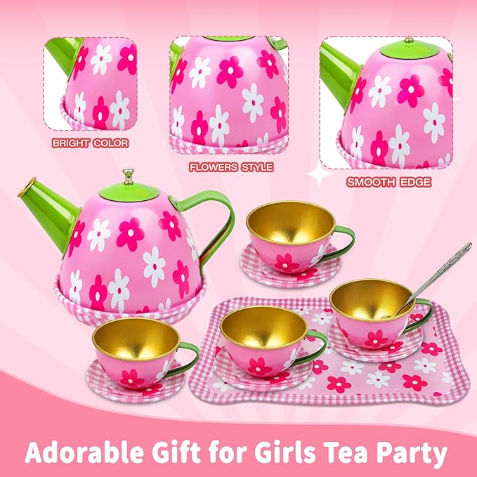 SMILESSKIDDO 46pcs Princess Tea Party Set for Little Girls - Kids Kitchen Pretend Play Toys - Toddler Tea Party Sets for Girls 3-5, Gift for 3 4 5 6 7 8 Girl(Flower)