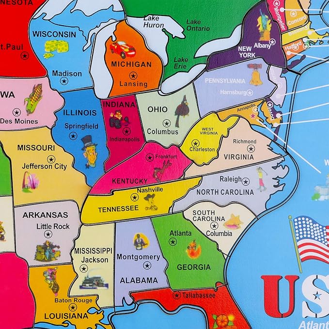 Wooden USA Map Puzzle, 46 Pieces US Map Puzzle for Kids, Educational Geography Puzzles United States Map Puzzle for Boys Girls Birthday Gift - Image 6