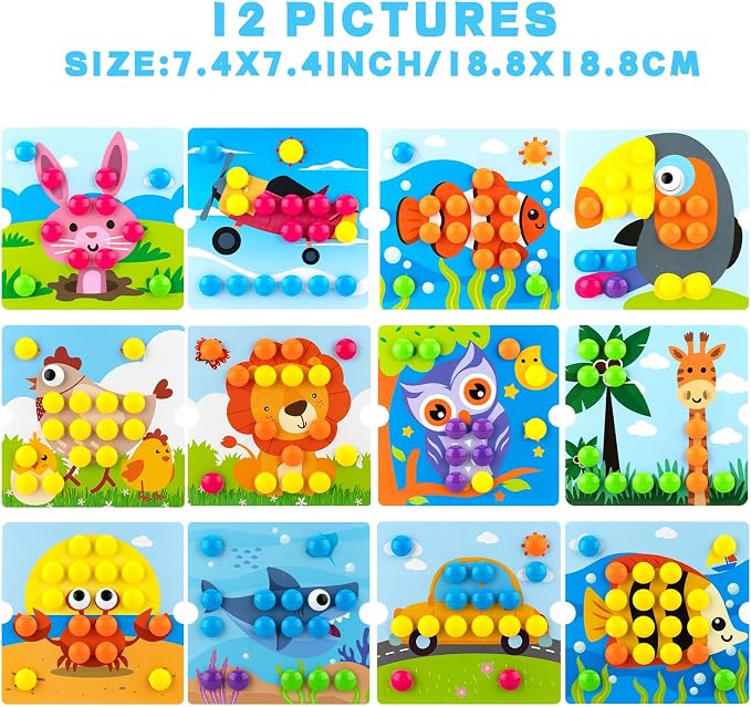Button Art Pegboard for Toddlers - 12 Pics & 46 Buttons, Gift 3+ - Image 4