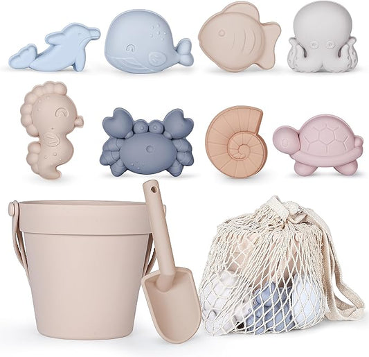 MarcZero 11Pcs Silicone Beach Toys,Modern Baby Beach Toys,Travel Friendly Beach Set,Silicone Bucket, Shovel, 8 Sand Molds, Beach Bag,Silicone Sand Toys for Toddlers, Kids (Begie)