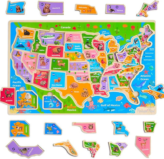 Montessori Mama USA Map Wooden Puzzle, Puzzles for Kids Ages 4-6 Educational Toys for 4 Year Old Kids Puzzles Ages 5-8 Landmarks, Animals, Capitols and States by MontessoriMama