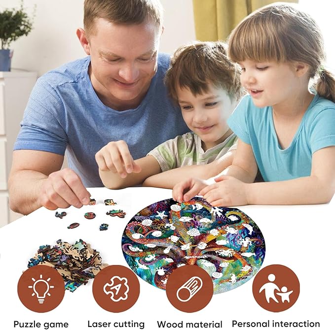 Reouinty Wooden Puzzle for Adults, Octopus Jigsaw Puzzles 200 Piece, Unique Shape Animal Adult Puzzles, Irregular Wood Puzzles Best Gift for Adults Family Game 11.2 x 11.2 in