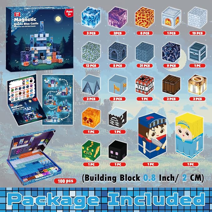 ToyUnited 100PCS Magnetic Blocks - Magnet Building Blocks, Stacking Magents Cubes Toys Blue Castle Set, STEM Montessori Sensory Toys for Kids Boys and Girls Ages 3 4 5 6 7 8 9 10+ Birthday Gifts - Image 2