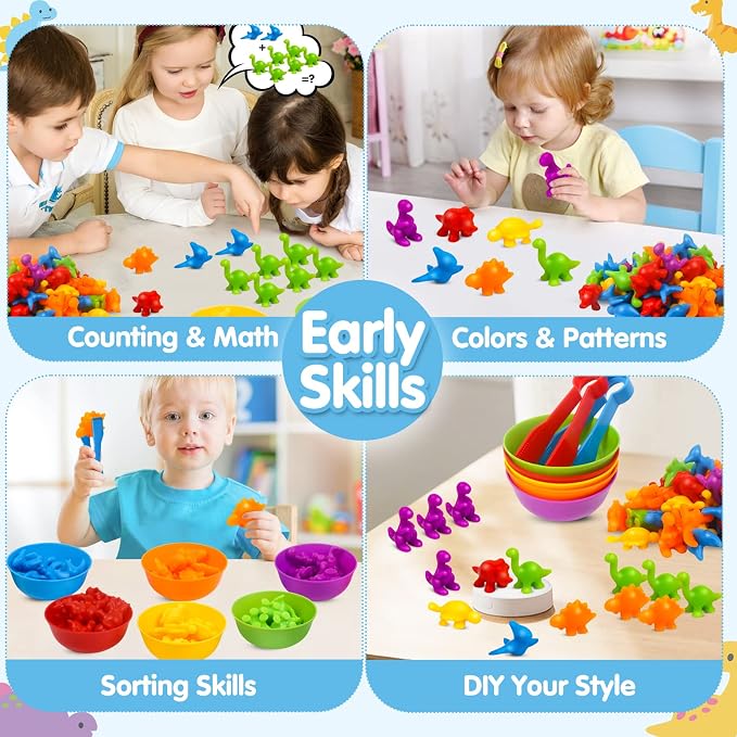 GKDOMS Counting Dinosaurs Toys Matching Game with Sorting Bowls Preschool Learning Activities Montessori Sensory Toys for Math Color Sorting, Party Favors Birthday Gift for Toddlers - Image 4